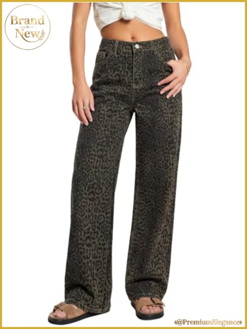 Wide Leg Leopard Print Baggy Jeans High Waisted Y2K Non-Stretch Denim